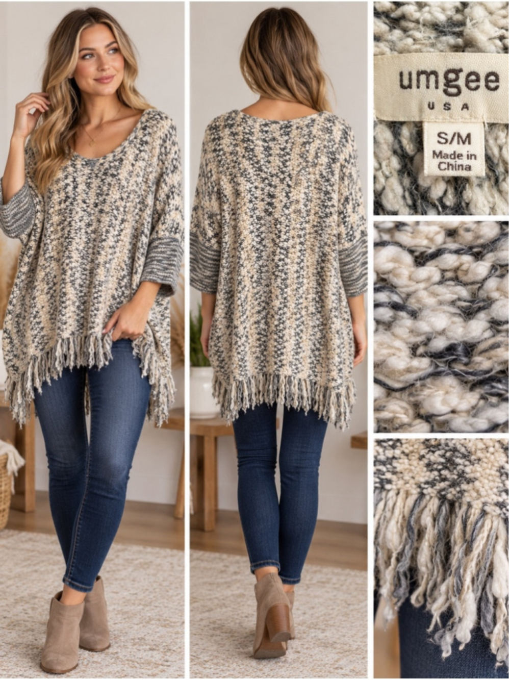 Umgee Neutral Multi Fringe-Hem Knit Poncho Sweater Size S/M Boho Lagenlook
